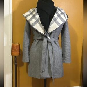 DKNY Gray Trench Coat with Plaid Collar